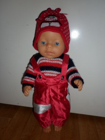 winterset met tuinbroek, trui en muts 43 cm