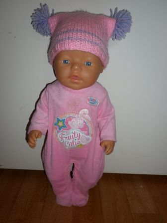 roze boxpak met gebreide muts 43 cm