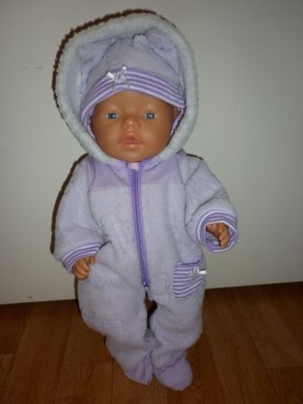 lila buitenpak met muts 43-46 cm