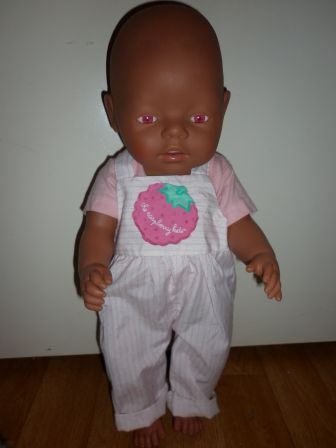 gestreepte tuinbroek met roze shirt 43-46 cm