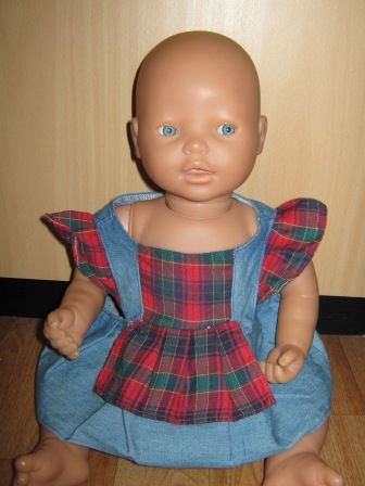 spijkerstof/ruit jurkje 48 cm pop