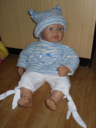 blauw met wit gestreepte set 46-48 cm